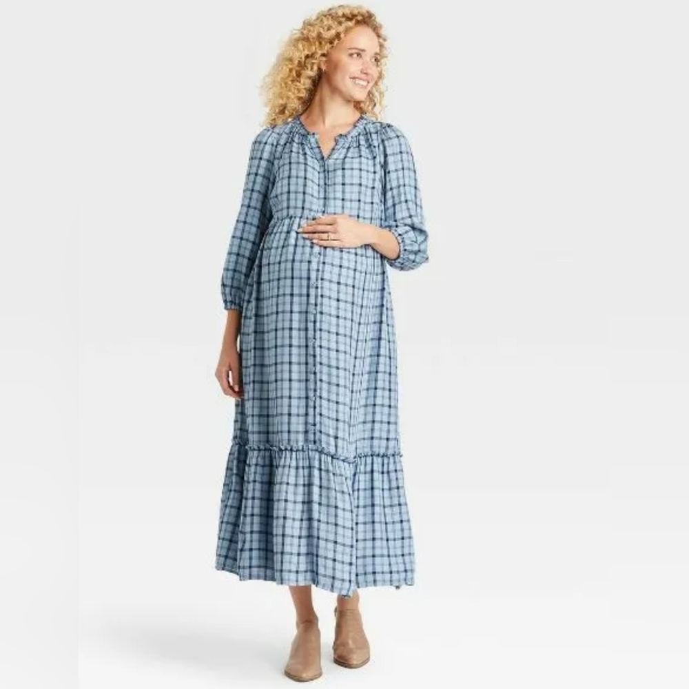 Ingrid & Isabel Maternity Plaid Dress Half Sleeve Blue Long Maxi Maternity